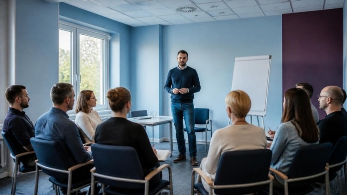 Warsztat szkoleniowy dla pracowników działu marketingu w sali firmowej