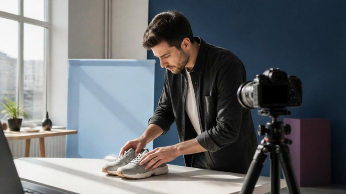Fotograf i menedżerka sklepu przygotowują zdjęcie butów do karty produktu