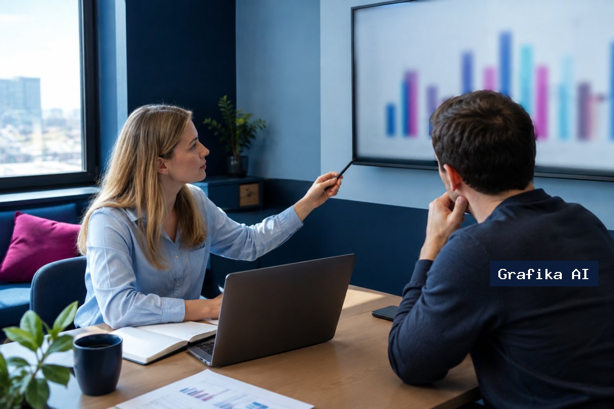 Dwoje pracowników działu marketingu omawia raport na dużym monitorze w sali spotkań