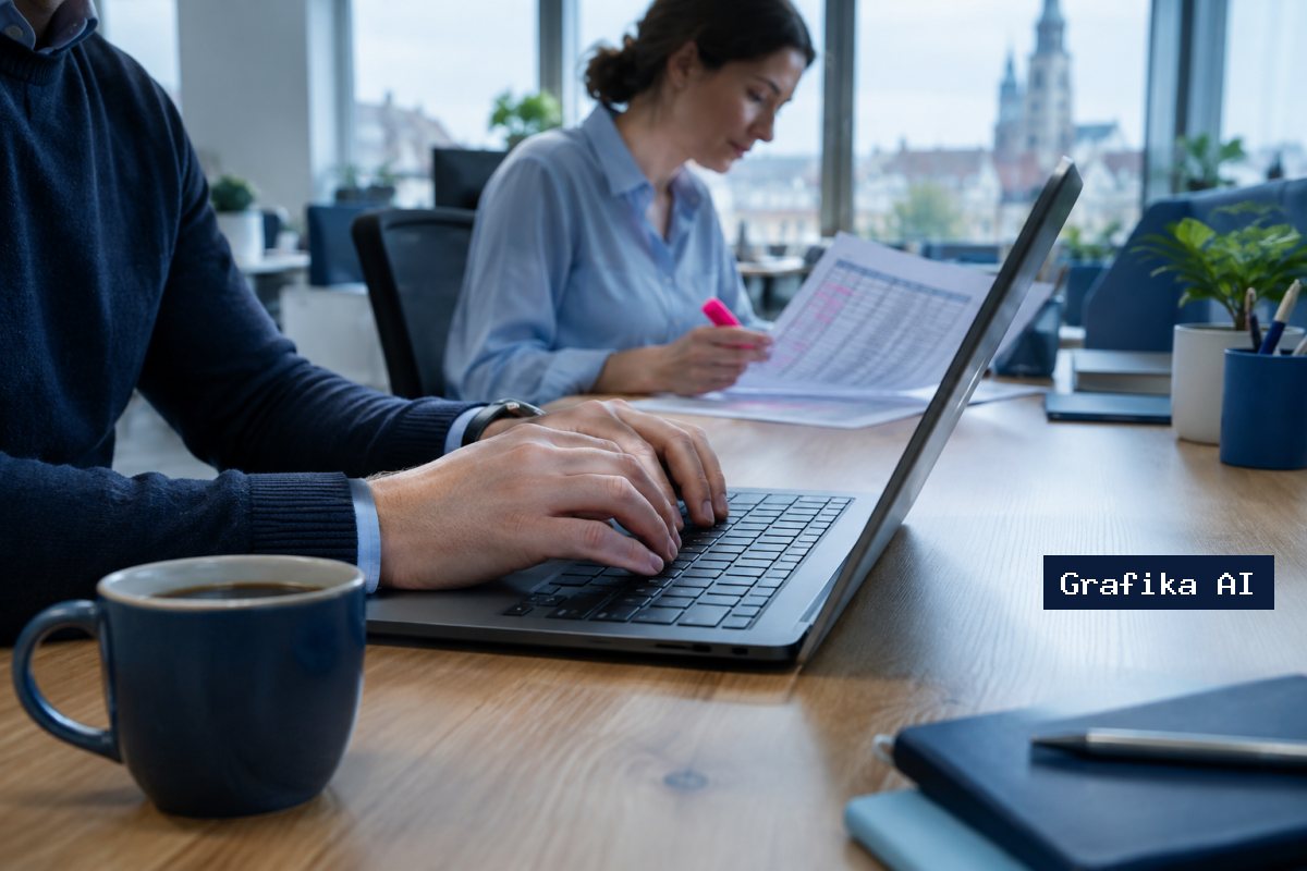 Dłonie na klawiaturze laptopa i osoba w tle sprawdzająca wydruk tabeli zakreślaczem