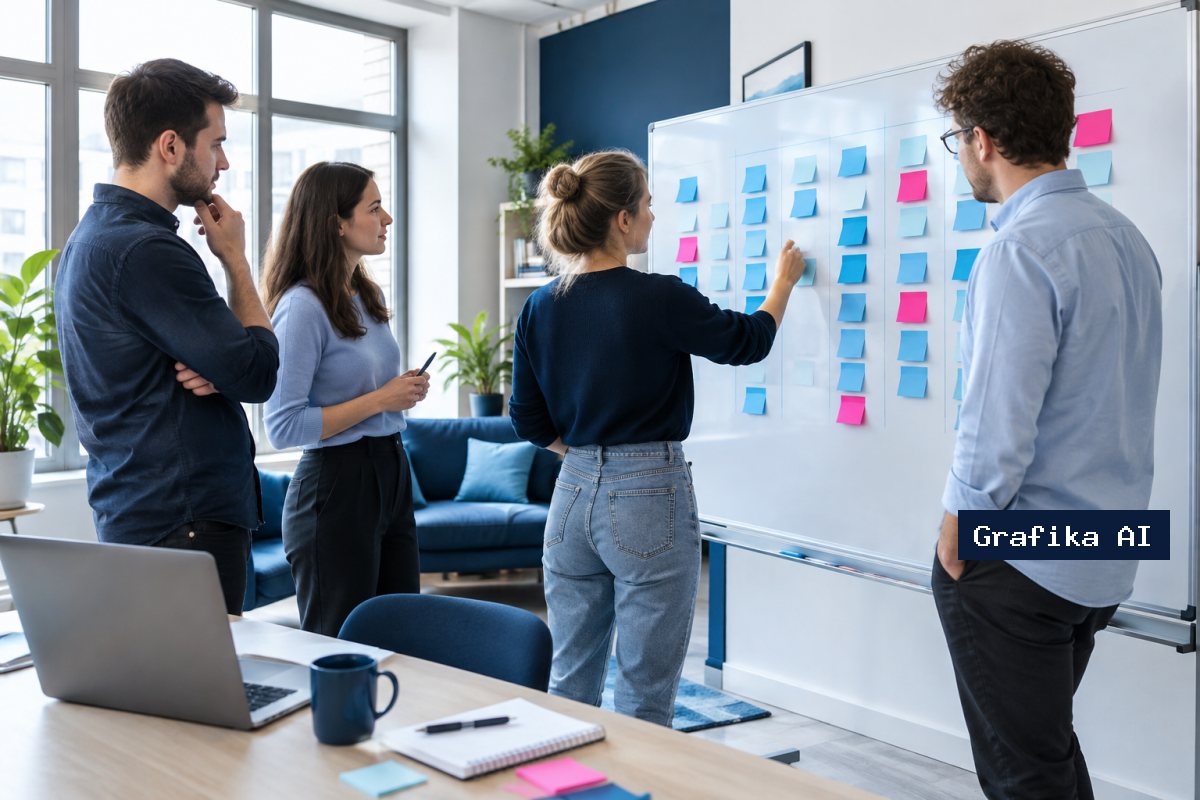 Zespół marketingu planuje kalendarz publikacji przy tablicy z karteczkami