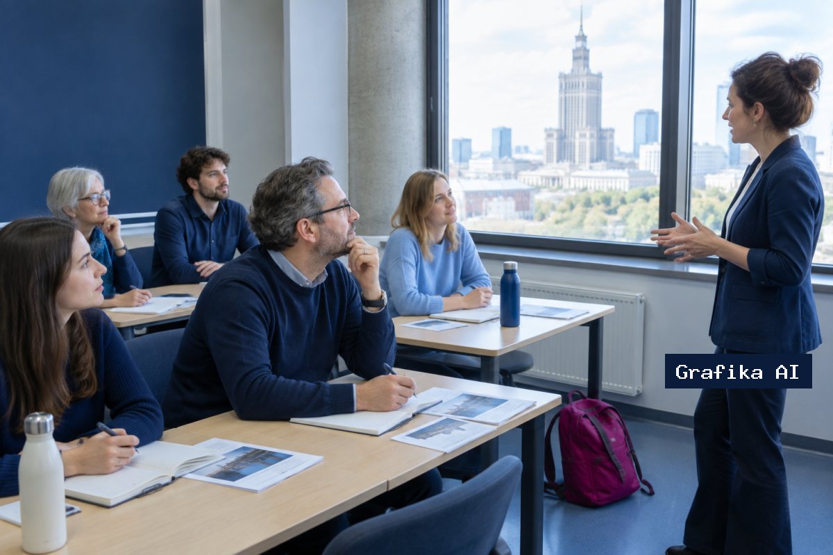 Dorośli uczestnicy kursu w sali seminaryjnej słuchają prowadzącego stojącego przy oknie