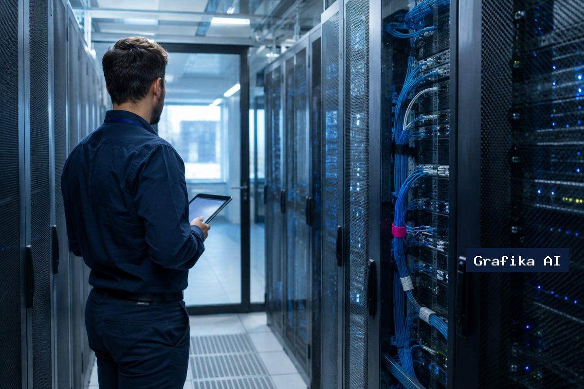 Administrator IT z tabletem w korytarzu serwerowni firmy