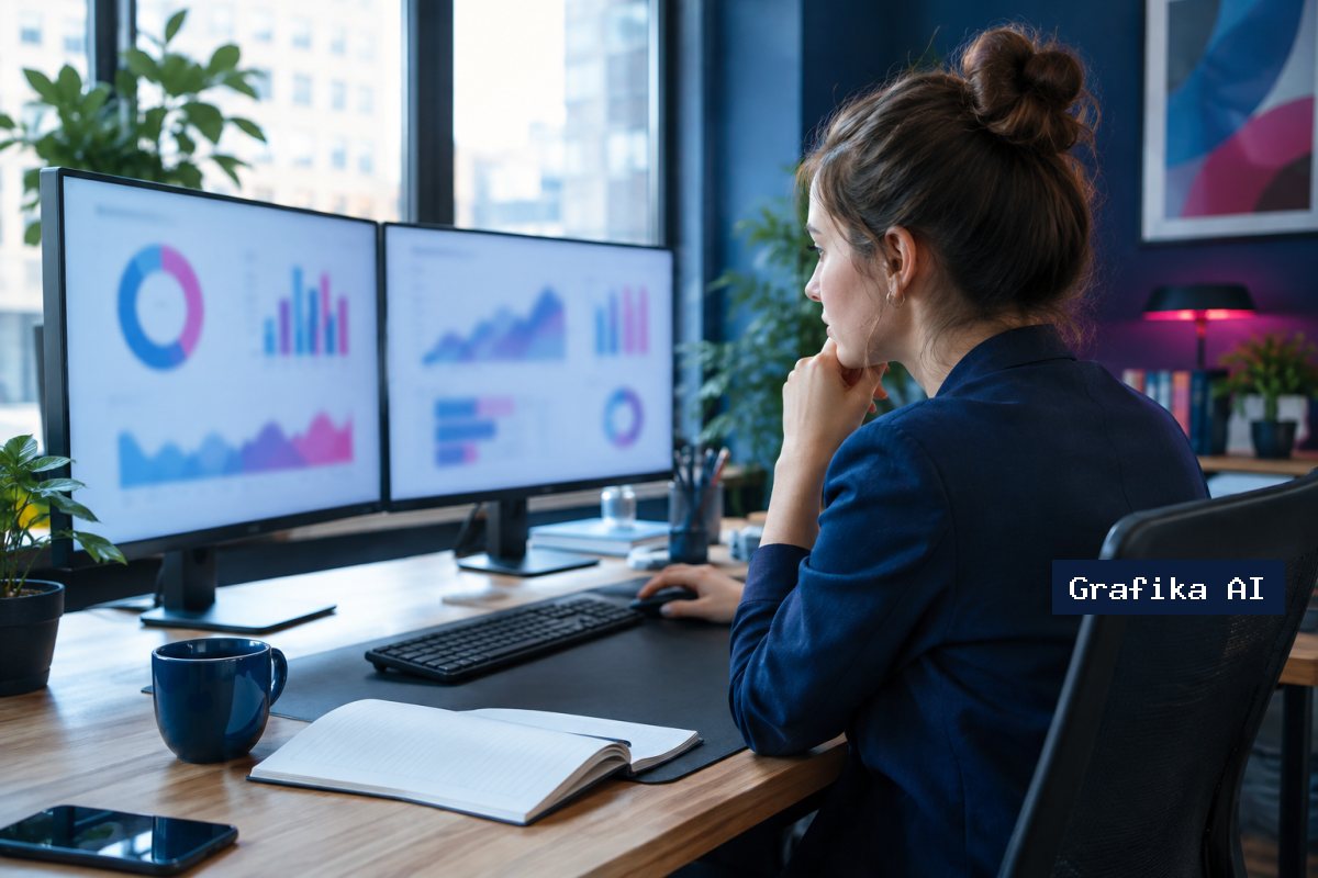 Specjalista marketingu analizuje wykresy na dwóch monitorach przy biurku