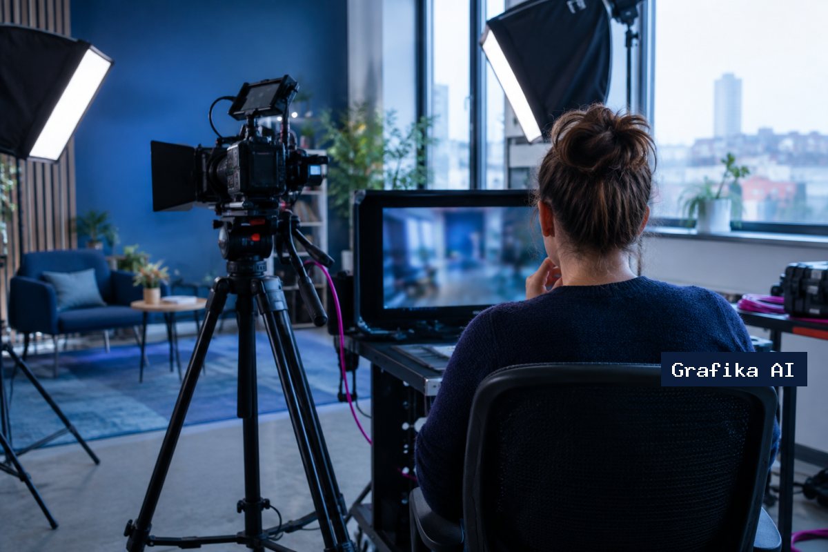 Realizator w firmowym studiu wideo sprawdza nagranie przy kamerze i lampach