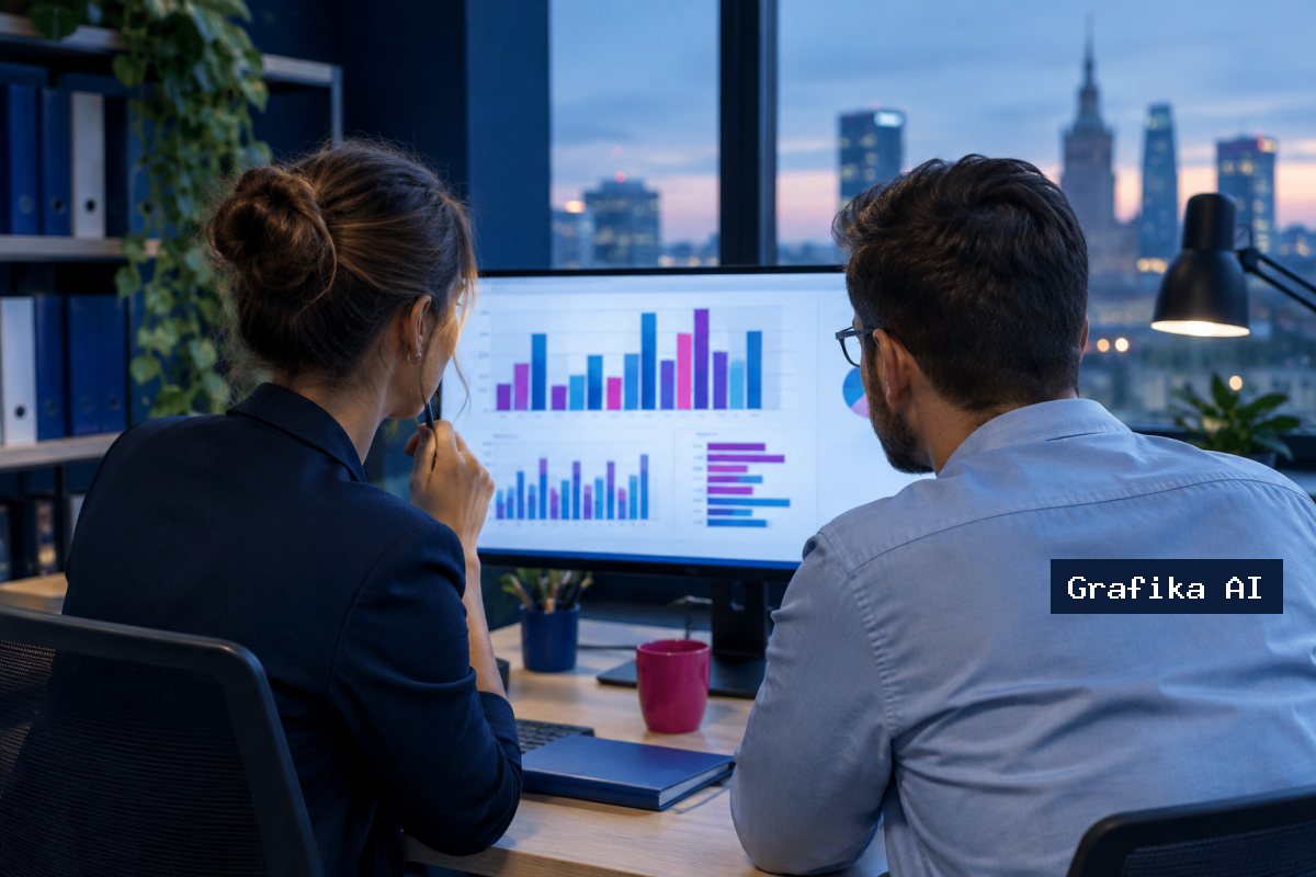 Kierowniczka marketingu i analityk porównują wyniki kampanii na dużym monitorze