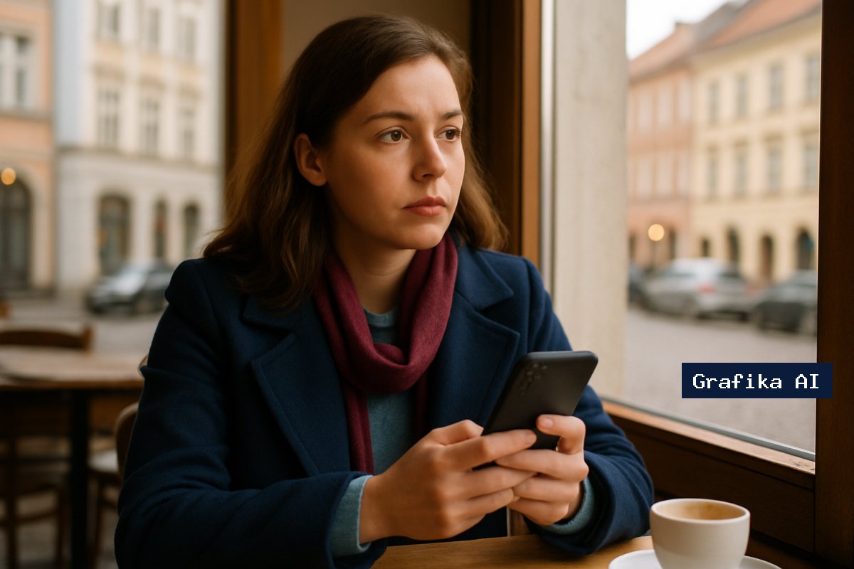 Kobieta w kawiarni porównuje oferty na smartfonie przed zakupem