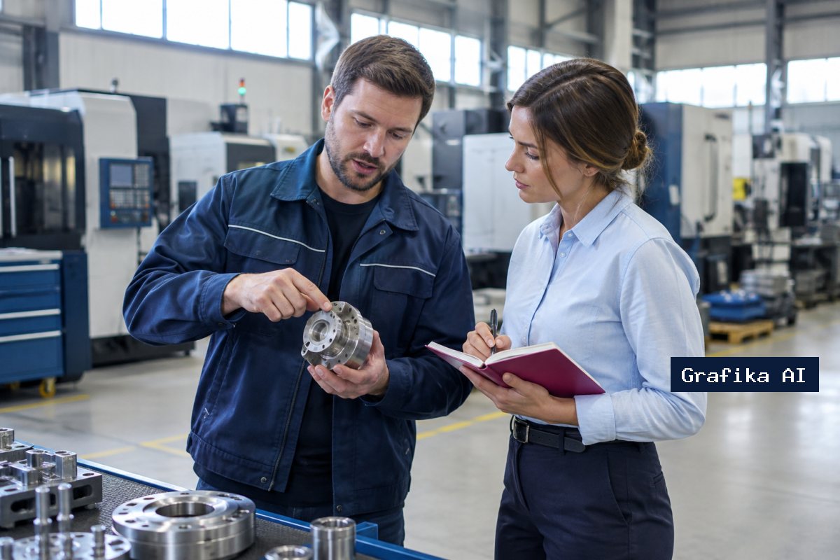 Inżynier w hali produkcyjnej objaśnia działanie podzespołu autorce tekstów, która robi notatki