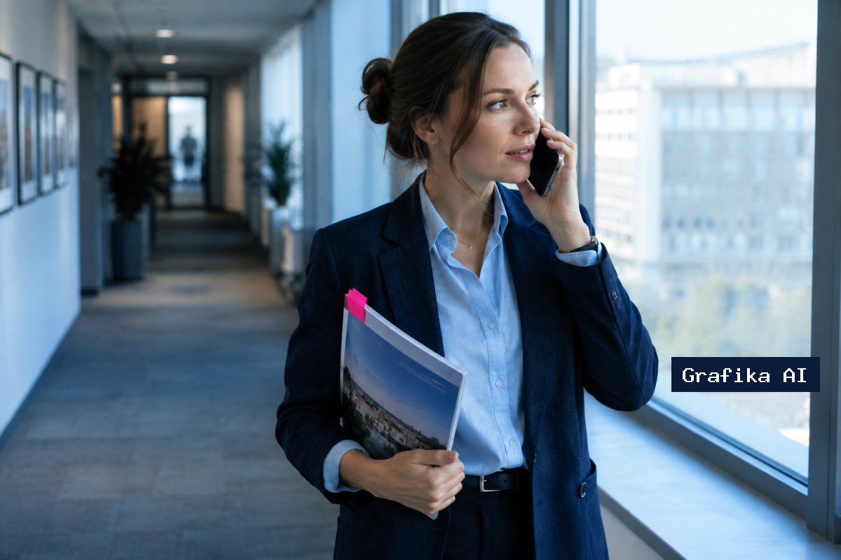 Kierownik PR rozmawia przez telefon przy oknie, trzymając w ręku magazyn branżowy