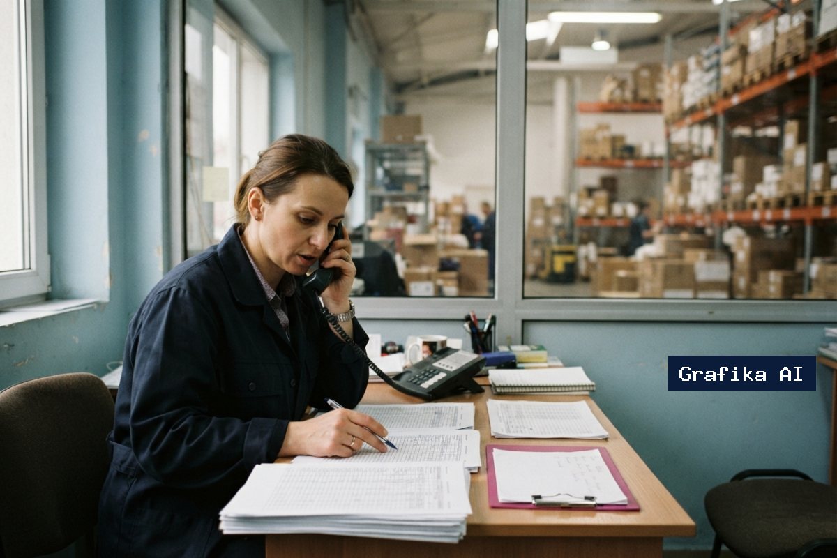 Handlowiec w biurze magazynu rozmawia przez telefon, przeglądając wydrukowane listy towaru
