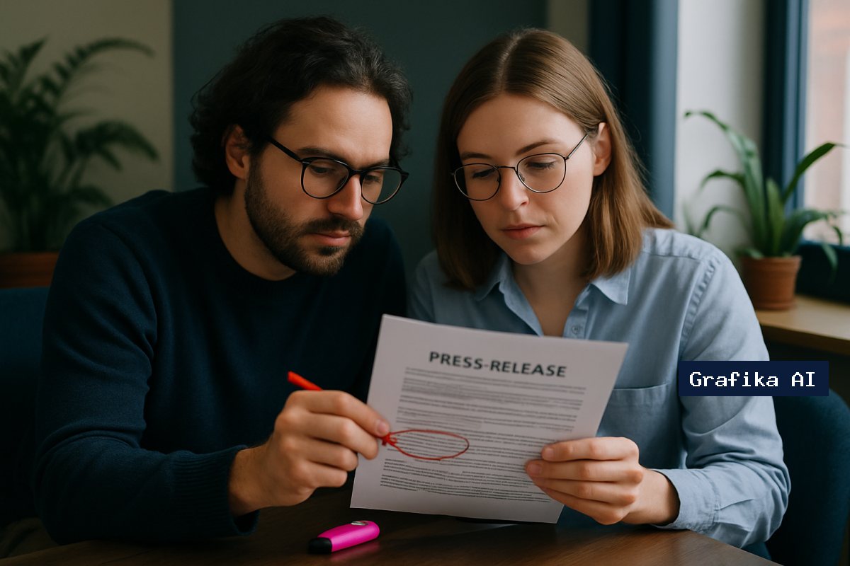Dwie osoby z działu marketingu sprawdzają wydrukowany komunikat i zaznaczają zdanie długopisem