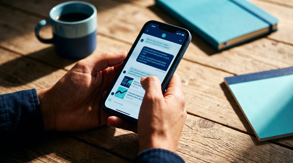 Osoba czyta na telefonie odpowiedź wyszukiwarki z odnośnikami do źródeł