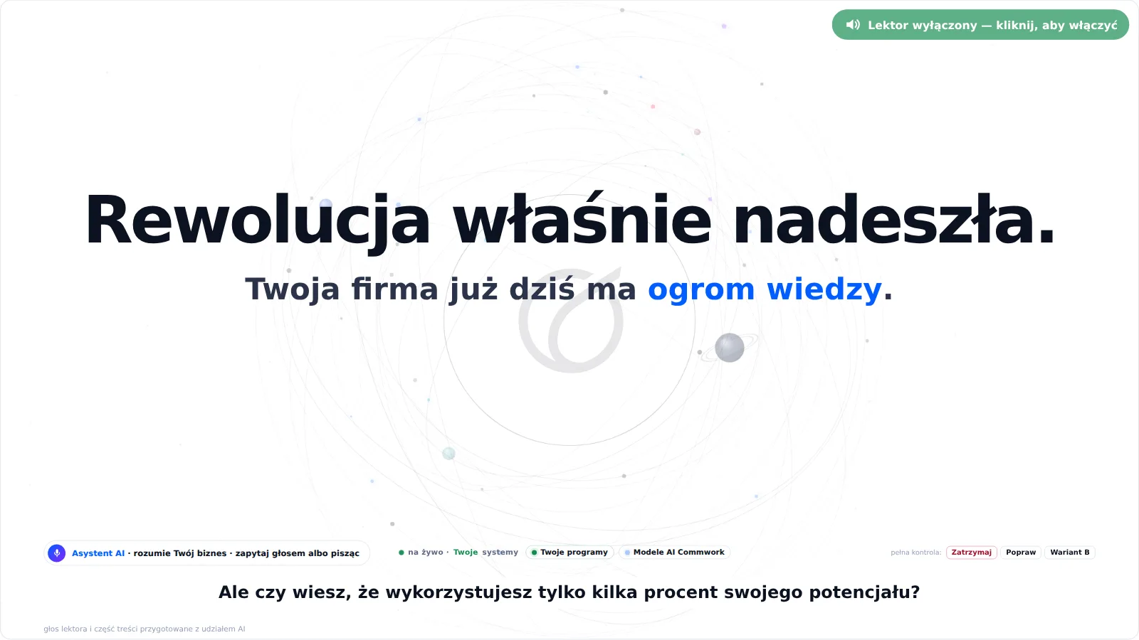 Kadr z prezentacji Commwork AI: ściana analiz i kokpit zarządu